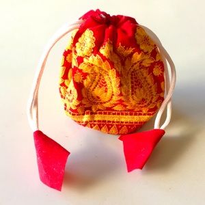 Red velvet painted drawstring small pouch - Indian